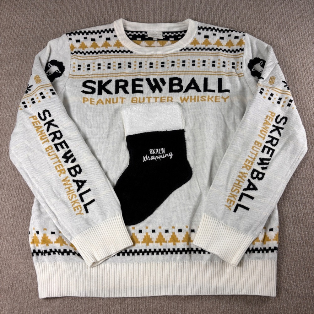 Skrewball Peanut Butter Whisky White Ugly Christmas Sweater Size Large EUC